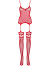 Bodystocking Obsessive F214 - lenjerie erotică din plasă cu portjartier și decupaje S-L (one size), roșu