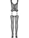 Bodystocking Obsessive F221 - lenjerie erotică din plasă cu portjartier și decupaje XL/XXL, negru