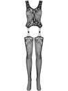 Bodystocking Obsessive F221 - lenjerie erotică din plasă cu portjartier și decupaje XL/XXL, negru