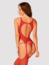 Bodystocking Obsessive N122 - lenjerie erotică din plasă cu portjartier și decupaje XL/XXL, roșu