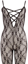 Bodystocking – catsuit sexy din plasă cu dantela si decolteu provocator 2XL/3XL, negru