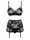 Set de lenjerie intima Peonesia - compleu provocator cu sutien, chiloți și portjartier din dantelă S/M, negru