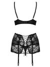 Set de lenjerie intima Peonesia - compleu provocator cu sutien, chiloți și portjartier din dantelă S/M, negru