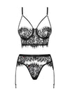 Set de lenjerie intimă Lashy - compleu provocator cu sutien, chiloți și portjartier din dantelă Chantilly L/XL, negru