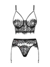 Set de lenjerie intimă Lashy - compleu provocator cu sutien, chiloți și portjartier din dantelă Chantilly L/X, negru