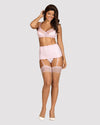 Set de lenjerie intimă Girlly - compleu sexy cu sutien, chiloți și portjartier din dantelă S/M, roz