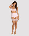 Set de lenjerie intimă Girlly - compleu sexy cu sutien, chiloți și portjartier din dantelă S/M, roz