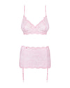 Set de lenjerie intimă Girlly - compleu sexy cu sutien, chiloți și portjartier din dantelă S/M, roz