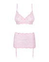 Set de lenjerie intimă Girlly - compleu sexy cu sutien, chiloți și portjartier din dantelă S/M, roz