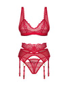 Set de lenjerie intimă Cupide Desir - compleu erotic cu sutien, chiloți și portjartier din dantelă fină, roșu
