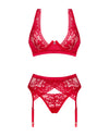 Set de lenjerie intima Lacelove – compleu erotic cu sutien, chiloti si portajartier din dantela, rosu