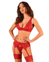 Set de lenjerie intima Lacelove – compleu erotic cu sutien, chiloti si portajartier din dantela, rosu