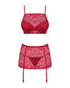 Set de lenjerie intimă Lividia - compleu sexy cu sutien, chiloți și portjartier din dantelă S/M, roșu bordo