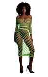 Set crop top cu maneca lunga si fusta lunga tip plasa – compleu sexy XS-XL (one size),  verde neon