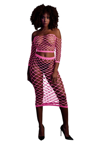 Set crop top cu maneca lunga si fusta lunga tip plasa – compleu sexy XS-XL (one size), roz neon