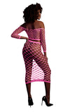 Set crop top cu maneca lunga si fusta lunga tip plasa – compleu sexy XS-XL (one size), roz neon