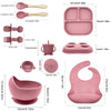 Set 8 piese hranire bebelusi pentru diversificare, farfurie si bol cu ventuze, cana cu capac si pai, lingurita, furculita, baveta din silicon, Roz
