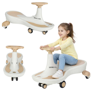 Mașinuță Fără Pedale Swing Car LED cu Roți Luminoase, Muzică și Volan 360°, Gravitațională, Alb Rose Gold
