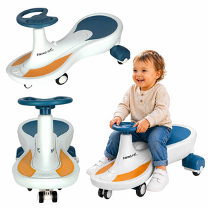 Mașinuță Fără Pedale Swing Car LED cu Roți Luminoase, Muzică și Volan 360°, Gravitațională, Alb Albastru
