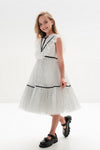 ODALYS – Rochie eleganta din tulle fin cu volane, buline si panglici din catifea, alb