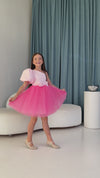 ROVENA - Rochie de ocazie din saten cu tulle fin si model asimetric pe un umar, roz