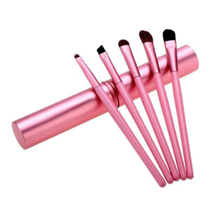 Set 5 pensule machiaj ochi Travel Essentials, păr natural și sintetic, cu suport metalic roz- Pensule profesionale pentru fard și blending