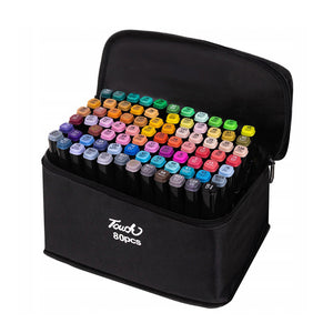 Set 80 markere colorate duble cu vârf subțire și gros 1/6 mm, geantă pentru depozitare, cerneala pe bază de alcool