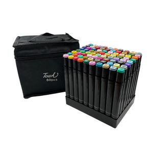 Set 80 markere colorate duble cu suport și geantă depozitare, vârf subțire și gros 1/6 mm, cerneala pe bază de alcool