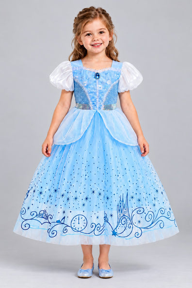 Rochie de prințesă bleu cu aspect de bal – față