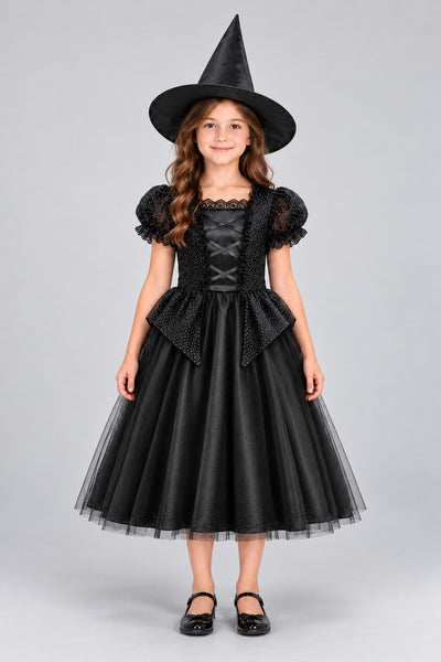 Rochie de prințesă vrăjitoare neagră cu pălărie – față
