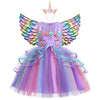 Rochie printesa Unicorn cu accesorii pentru fetite costumatie joc de rol petreceri, serbari, carnaval si cadou ideal pentru sarbatori, aniversari sau zile de nastere, mov/multicolor