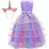 Rochie printesa Unicorn cu accesorii pentru fetite costumatie joc de rol petreceri, serbari, carnaval si cadou ideal pentru sarbatori, aniversari sau zile de nastere, mov/multicolor