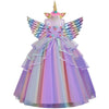 Rochie printesa Unicorn cu accesorii pentru fetite costumatie joc de rol petreceri, serbari, carnaval si cadou ideal pentru sarbatori, aniversari sau zile de nastere, mov/multicolor