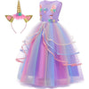 Rochie printesa Unicorn cu accesorii pentru fetite costumatie joc de rol petreceri, serbari, carnaval si cadou ideal pentru sarbatori, aniversari sau zile de nastere, mov/multicolor