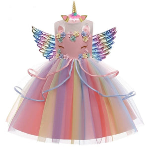 Rochie printesa Unicorn cu accesorii pentru fetite, costumatie joc de rol petreceri, serbari, carnaval si cadou ideal pentru sarbatori, aniversari sau zile de nastere, roz/multicolor
