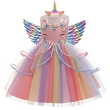 Rochie prințesă Unicorn cu accesorii pentru fetițe, costumație joc de rol petreceri, serbări, carnaval și cadou ideal pentru sărbători, aniversări sau zile de naștere, roz/multicolor