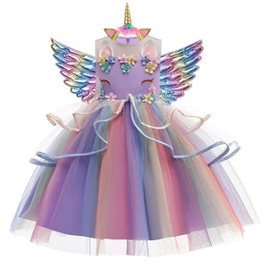Rochie printesa Unicorn cu accesorii pentru fetite costumatie joc de rol petreceri, serbari, carnaval si cadou ideal pentru sarbatori, aniversari sau zile de nastere, mov/multicolor