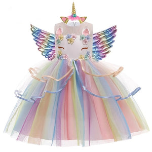 Rochie printesa Unicorn cu accesorii pentru fetite, costumatie joc de rol petreceri, serbari, carnaval si cadou ideal pentru sarbatori, aniversari sau zile de nastere, alb/multicolor