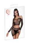 Set cu top crop si fusta mini din plasa cu maneci lungi – compleu sexy One Size (marime universala), negru