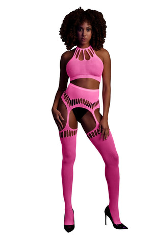 Set cu bustiera, chilot, portjartier si dres - compleu sexy XS-XL (one size), roz neon