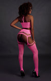 Set cu bustiera, chilot, portjartier si dres - compleu sexy XS-XL (one size), roz neon