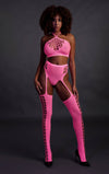 Set cu bustiera, chilot, portjartier si dres - compleu sexy XS-XL (one size), roz neon