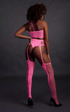 Set cu bustiera, chilot, portjartier si dres - compleu sexy XS-XL (one size), roz neon