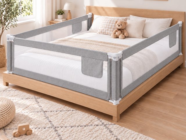 Set de 3 bariere de protecție montate pe un pat de 140 × 200 cm